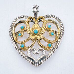 Carolyn Pollack 925 Sterling Silver & Brass Heart Pendant Turquoise Accents Larg